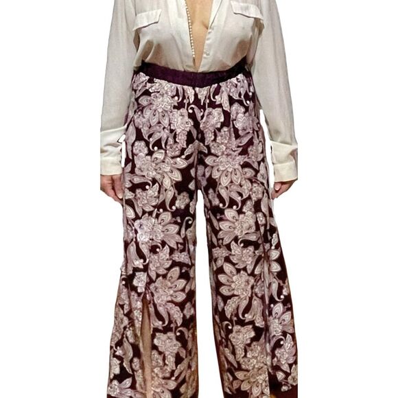 Drapey Dark Floral Silky Palazzo Pants Front Slits Festival Boho - Picture 4 of 12